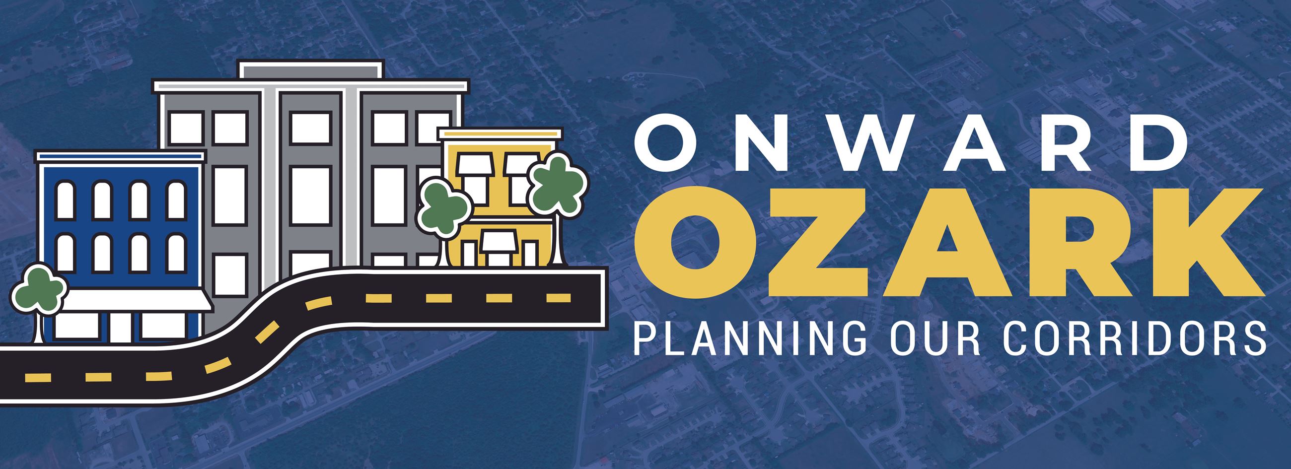 a graphic with the wors onward ozark next to a line of three cartoon buildings on top of a road 