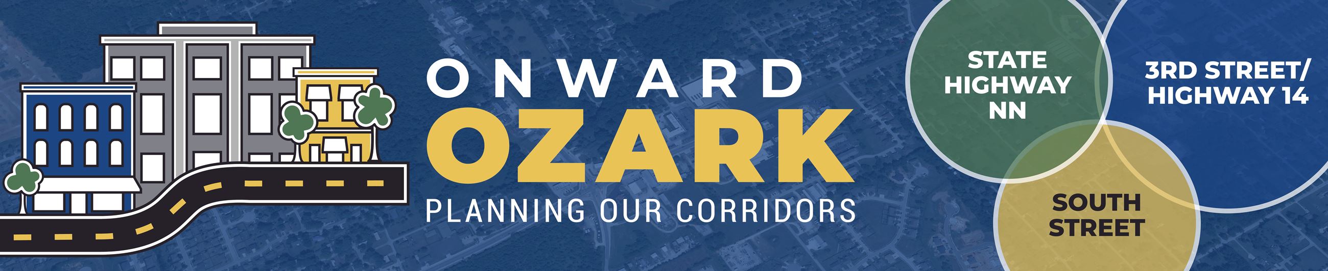 a graphic with the wors onward ozark next to a line of three cartoon buildings on top of a road 