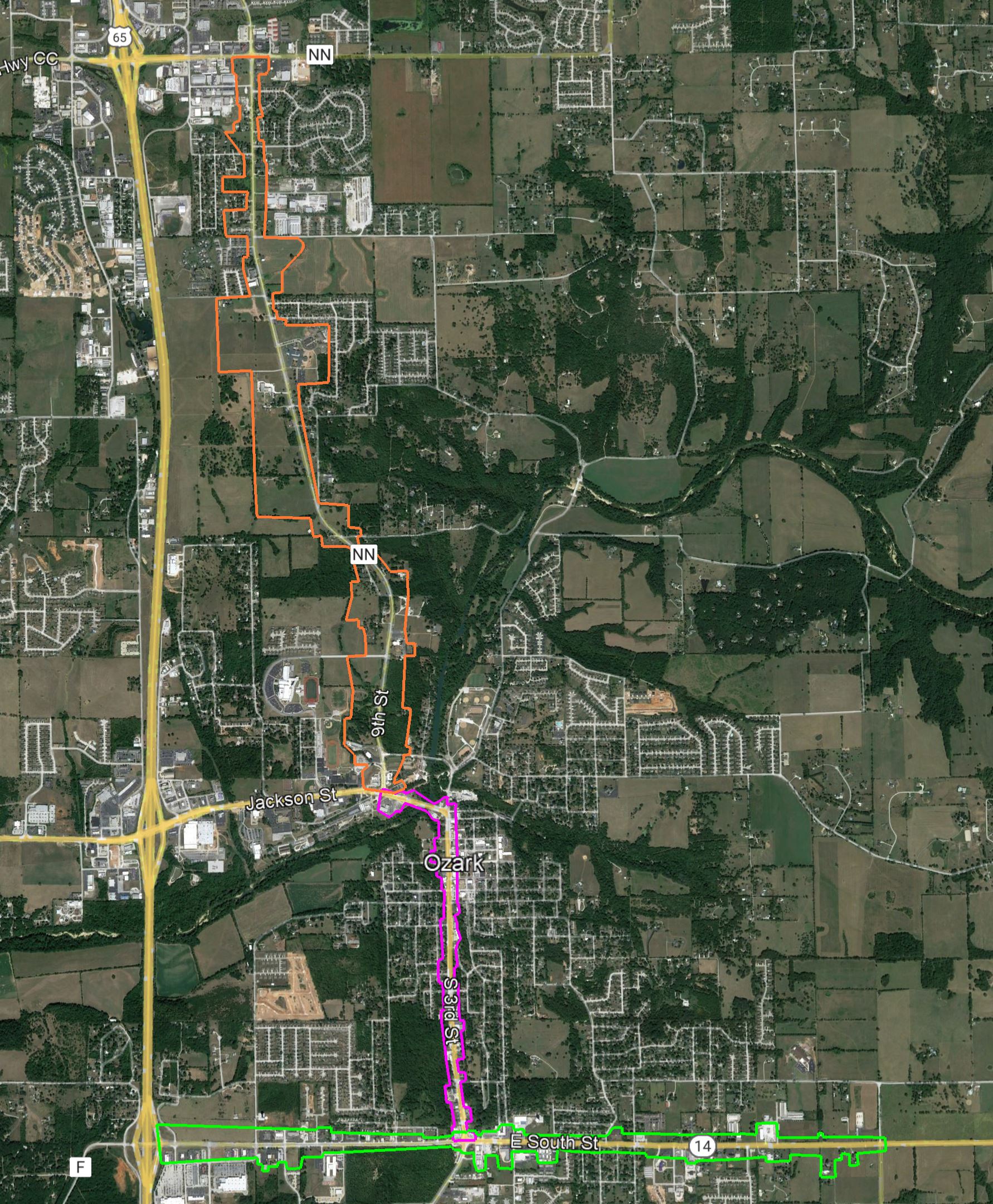 an aerial map of ozark highlighting t North State Highway NN, South 3rd Street/Highway 14, South St.